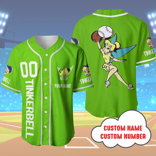 Personalized Tinker Bell Green Baseball, Unisex Baseball Jersey Disneyland Matching shirt, Tinker Bell Baseball Jersey for Kid & Youth