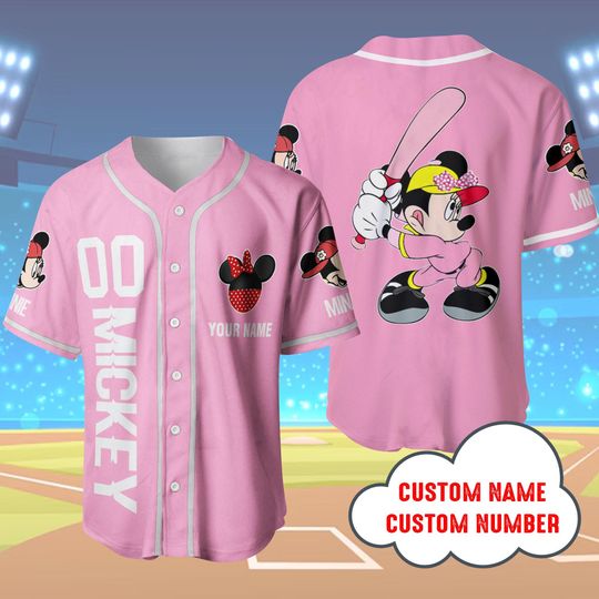 Customized Minnie Mouse Pink Baseball Jersey, Unisex Baseball Jersey Disneyland Matching shirt, Minnie Cartoon Baseball Tee for Kid & Youth