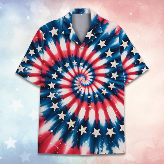 Patriotic Tie Dye Hawaiian Shirt Men Women Youth, 4th of July Shirt Button Down Short Sleeve, USA Flag Shirt, Independence Day Outfit