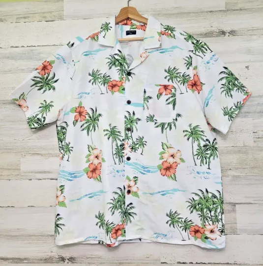 Tropical Storm Hawaiian Shirt Men’s XXL White Floral Palm Trees Button Down