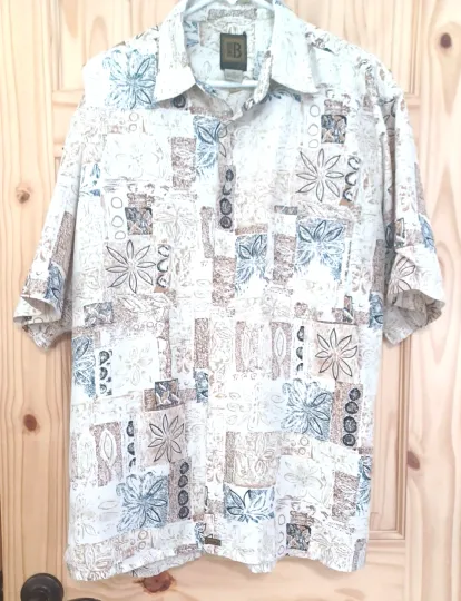 Bruno Mens Hawaiian Shirt Sz XL Beige Blue Floral Polyester