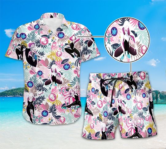 Ghost Spider Gwen Stacy Hawaii Shirt, Superhero Hawaiian Shirt, Summer Button Up Hawaiian, Spider-Man Across the Spider-Verse Hawaii Shirt