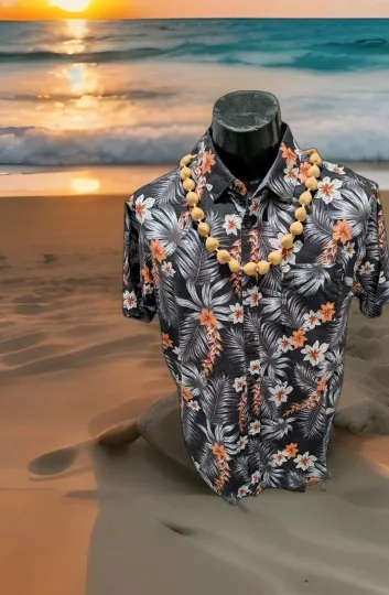 Hurley Aloha Hawaiian Short Sleeve ~ Tropical ~ Black Salmon ~ Mens Sz Large