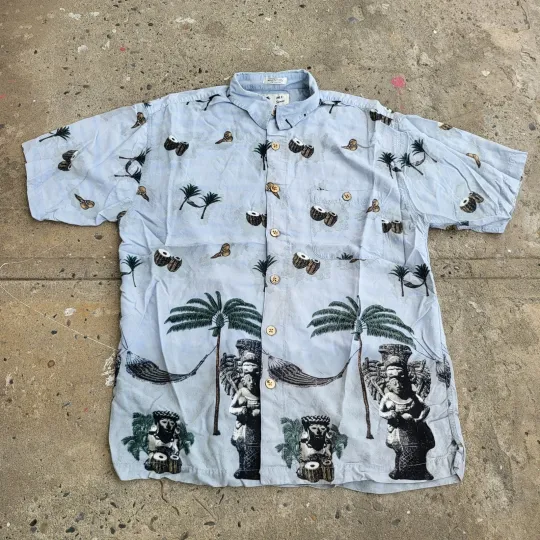 Vintage M.E. Sport Hawaiian Shirt Size L Blue Rayon Coconut Tiki Beach Vacation