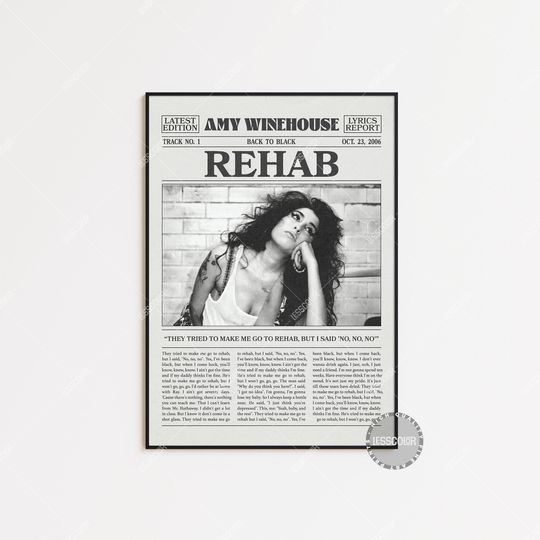 Amy Winehouse Retro Newspaper Print, Rehab Poster, Rehab Lyrics Print, Back to Black Poster, Amy Winehouse Poster, Home Decor