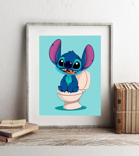 Stitch Sitting on the Toilet Art Print - Disney Bathroom Wall Decor - Funny Bathroom Art - Cute Bathroom Decor - Stitch Bathroom Wall Art