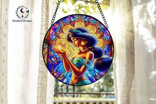 Jasmine Stained Glass Suncatcher  Enchanting Princess with Magic, Handcrafted Window Art, Elegant Disney-Inspired Home Dcor