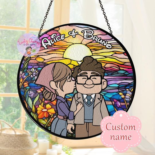 Personalized Stained Glass Disney Couple Romantic Sunset Window Hanging Suncatcher, Custom Carl & Ellie Fredricksen Ornament, Disney Gift