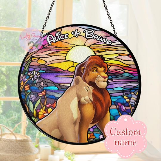 Personalized Stained Glass Disney Couple Romantic Sunset Window Hanging Suncatcher, Custom Lion King Ornament, Disney Ornaments, Disney Gift