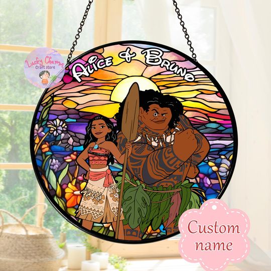 Personalized Stained Glass Disney Couple Romantic Sunset Window Hanging Suncatcher, Custom Moana Ornament, Disney Ornaments, Disney Gift