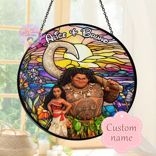 Personalized Stained Glass Disney Couple Romantic Sunset Window Hanging Suncatcher, Custom Moana Ornament, Disney Ornaments, Disney Gift