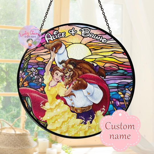 Personalized Stained Glass Disney Couple Romantic Sunset Window Hanging Suncatcher, Custom Beauty & The Beast Movie Ornament, Disney Gift