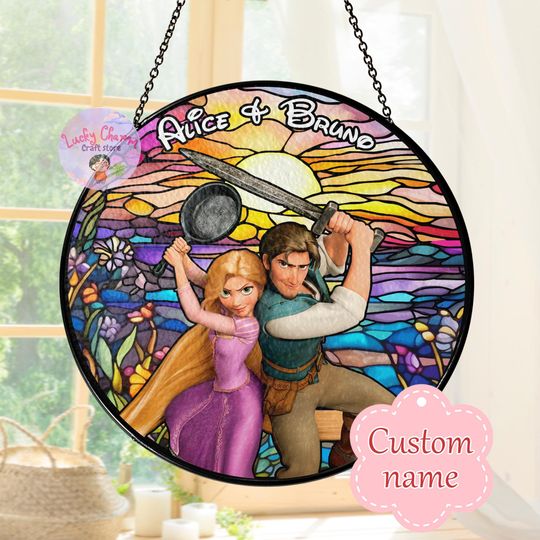 Personalized Stained Glass Disney Couple Romantic Sunset Window Hanging Suncatcher, Custom Rapunzel & Flynn Rider Tangled Movie, Disney Gift