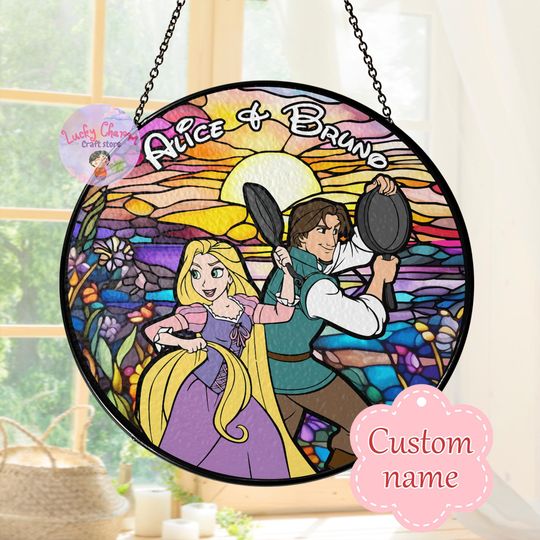 Personalized Stained Glass Disney Couple Romantic Sunset Window Hanging Suncatcher, Custom Rapunzel & Flynn Rider Tangled Movie, Disney Gift