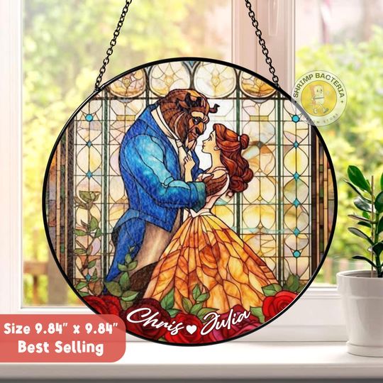 Personalized Beauty and The Beast Stained Glass Suncatcher Ornament, Custom Couple Name Disney Suncatcher, Anniversary Gift For Husband Wife