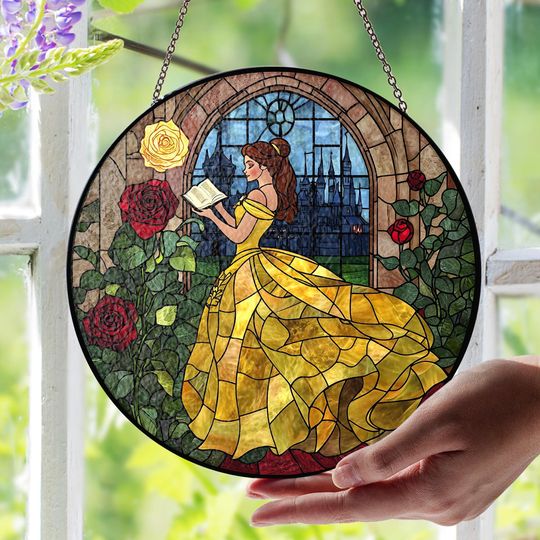 Beauty and The Beast Stained Glass Suncatcher, Disney Castle Suncatcher, Anniversary Gift For Mother's, Disneyland Window Gift Suncatcher