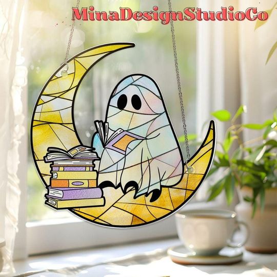 Cute Ghost Reading Books Suncatcher, Moon Book Lovers Home Decor, Book Club Gift for Reader Window Hangings, Librarian Bookish, Library Gift
