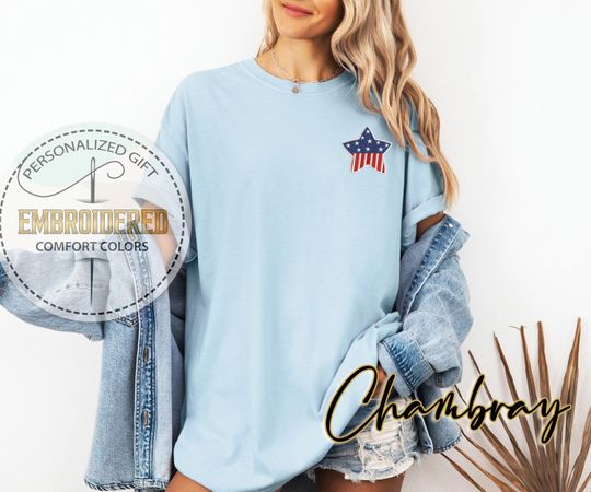 Discover Embroidered Star Pocket Tee, USA Flag Inside Single Star Design