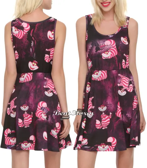 Cheshire Cat Fit Flare Skater Dress Disney Alice in Wonderland  JUNIORS S-M NWT