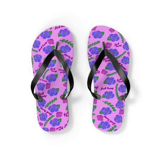Slightly Subtle Blue Poppies on Pink Floral Flip Flops, Summer Vibes, Beachwear, Fun Casual Sandals, Political Statement Shoes, Gag Gift