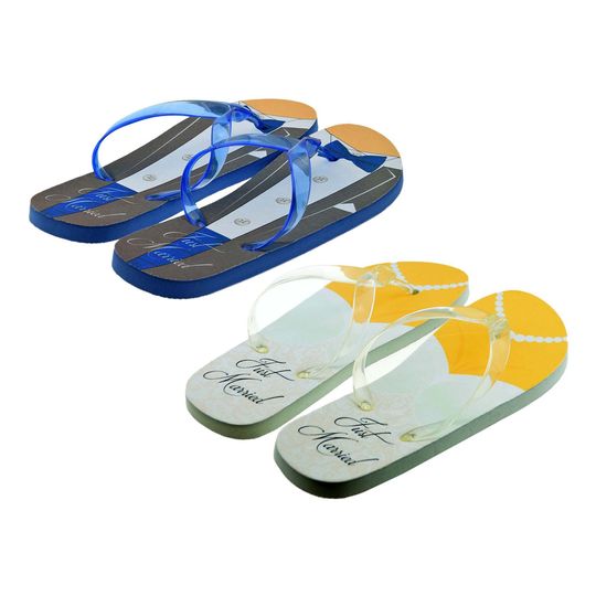 His & Hers Just married Tux and Wedding Dress Design Flip Flops Twin Set with Do Not Disturb Door Hanger