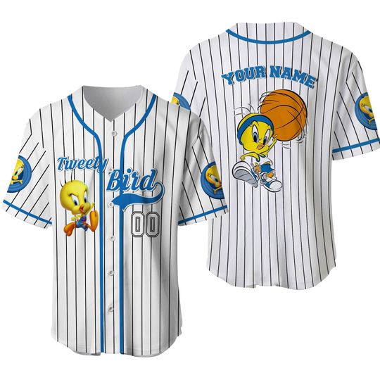 Personalize Tweety Bird Jersey Blue White, Cartoon Baseball Team Outfit