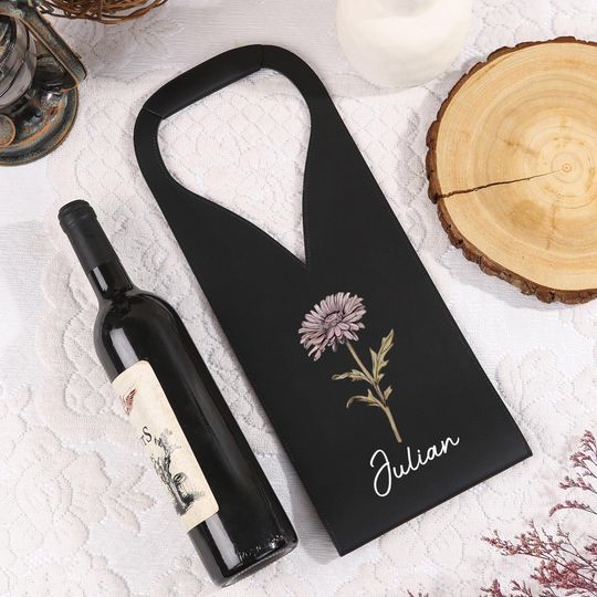 Personalized leather wine holder.Custom name&letter wine Tote bag.Gifts for Wine Lovers/Dad/him.birth month flower gift.Father's Day Gifts