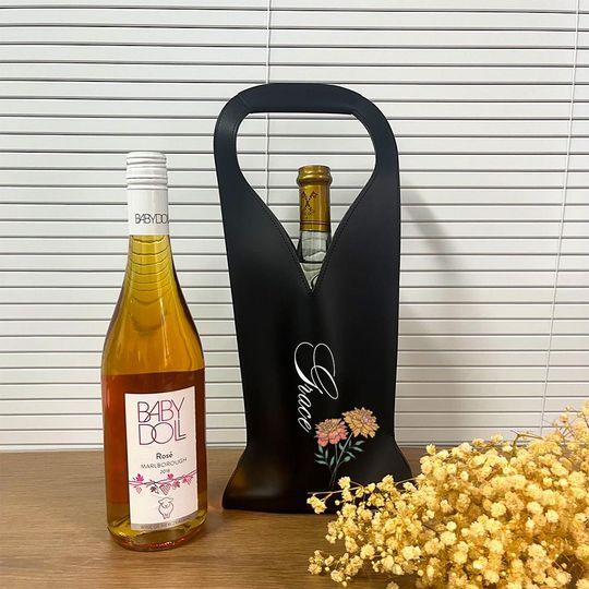 Father's Day Leather Wine Bag  Personalized Gift for Dad, Engraved Flower Design, Whiskey Tote for Bourbon & Scotch, Gifts from Daughter,Son