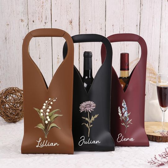 Personalized Wine Tote Bag,Custom Name Leather Wine Bag,Engraved Birth Flower Wine Bag,Holiday Wine Bag,Gifts for Wine Lovers,Christmas Gift