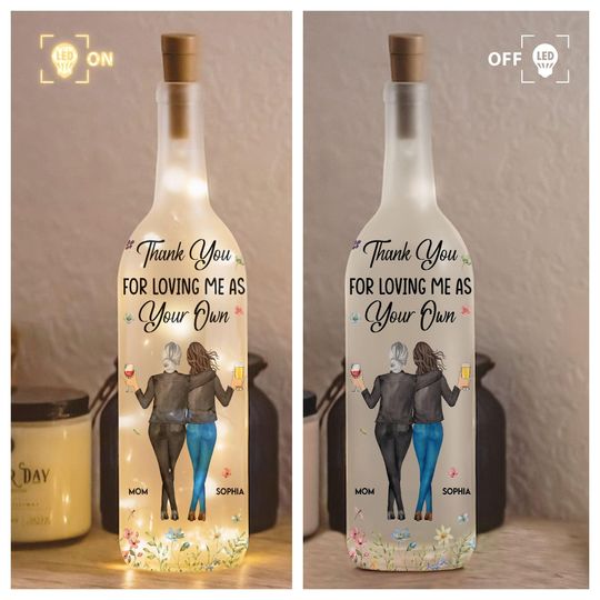 Personalized Father Day Bottle Lamp, Thank You For Loving Me As Your Own Bottle Light, Father Day Gift Recycled Lamp, Gift For Mom