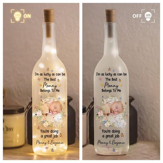 Personalized Photo Bottle Lamp, I'm As Lucky As Can Be The Best Mommy Belongs To Me Bottle Light, Father Day Customize Lamp, Mommy Gift