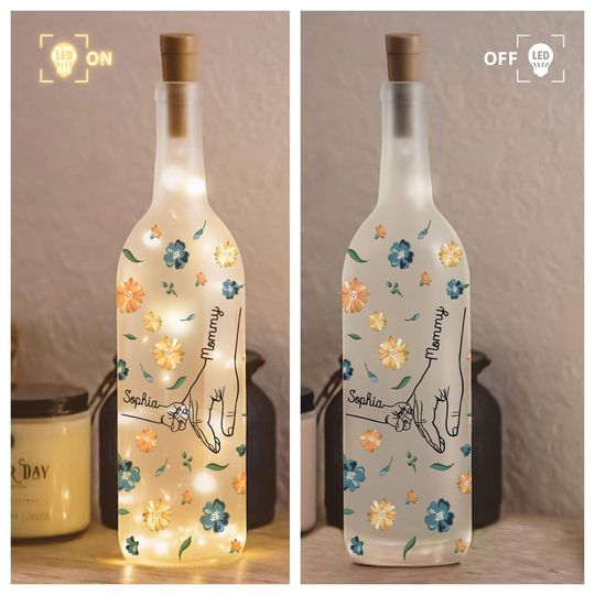 Personalized Mommy Hand Bottle Lamp, Custom Mommy And Children Bottle Light, Mommy Floral Lamp, Happy Father Day Gift