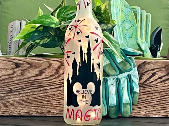 Cinde's Castle/LED Wine Bottle Cork Light/Magic Kingdom/Mickey Mouse/Upcycled Wine Bottle/Disney Gift/Painted Wine Bottle/Theme Park
