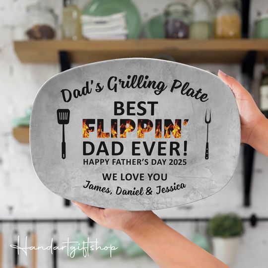 Personalized Dad Grilling Plate Best Flippin' Dad Ever Fathers Day Gift from Kids, BBQ Custom Platter Gift for Dad Birthday Gift, Papa Plate