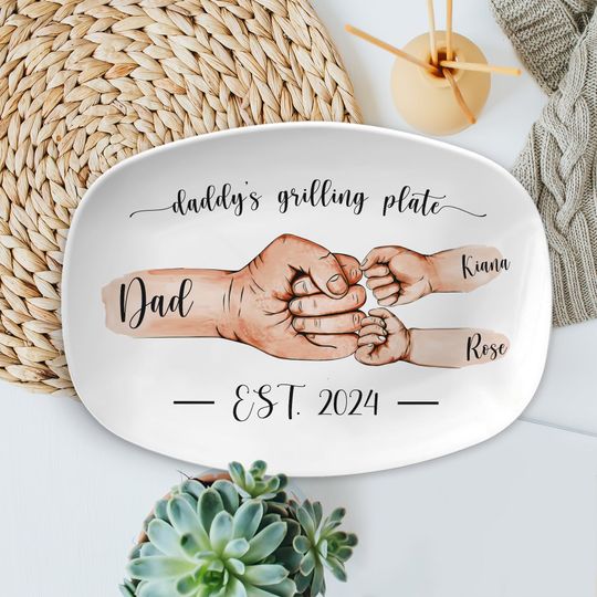 Personalized Daddy Grilling Platter, Father's Day Gift For Dad, Grandpa, Custom BBQ Grilling Plate With Kid Names For Dad From Daughter, Son