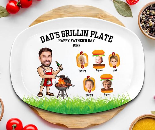 Custom Dads Grill Plate With Kids Names & Face, Custom Daddys Grilling Plate, BBQ Plate For Dad, Dad Gift From Kids, Father's Day Gifts