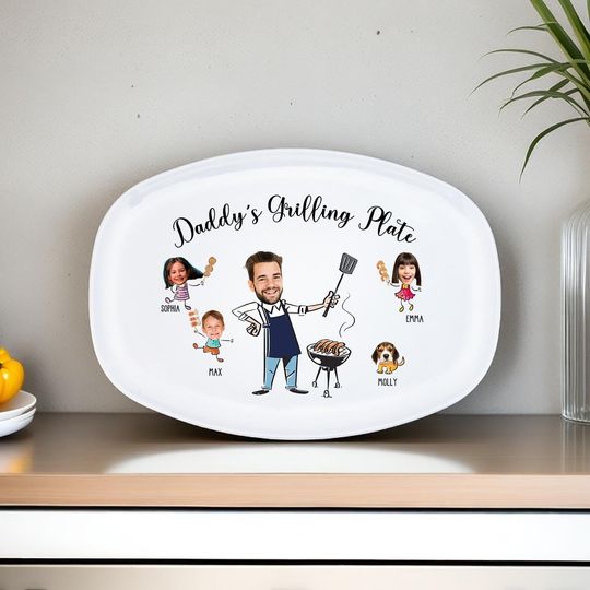 Personalized Daddy's Grilling Plate with Kid's Pet's Photos and Names, Custom Gift for Dad, Grandpa, Memorable Keepsake, Father's Day Gift