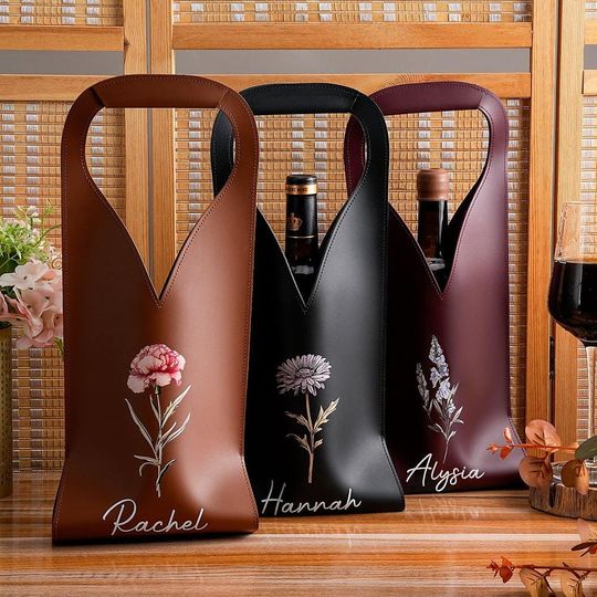 Personalized Birth Flower Leather Wine Bag with Name and Handle Protective Wine Accessories Birthday Dinner Party Gift for Wine Lover