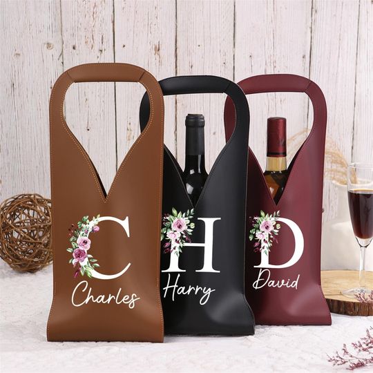 Personalized Leather Wine Bag,Name Wine Tote, Custom Initials/Birthflower Wine Bottle Holder, Housewarming Gift, Gift for Wine Lovers