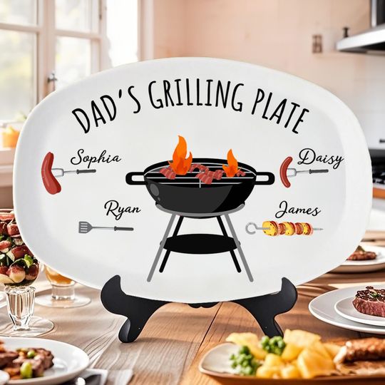 BBQ Gift,Personalized Grilling Plate,Grill Master,Dad Gift from Kids,Custom Platter Gift for Grandpa,Personalized Platter for Fathers Day