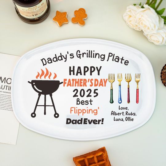 Personalized Daddy's Grilling Plate, Fathers Day Gift from Kids, Custom BBQ Platter, Daddy 2025, Gift for Papa, Grandpa, Memorial Keepsake