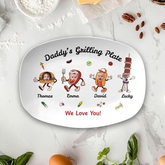 Personalized Photo & Name Daddy's Grilling Plate, Custom Photo BBQ Gift For Dad Grandpa, Unique Fathers Day Plate Gift, Grill Master Plate