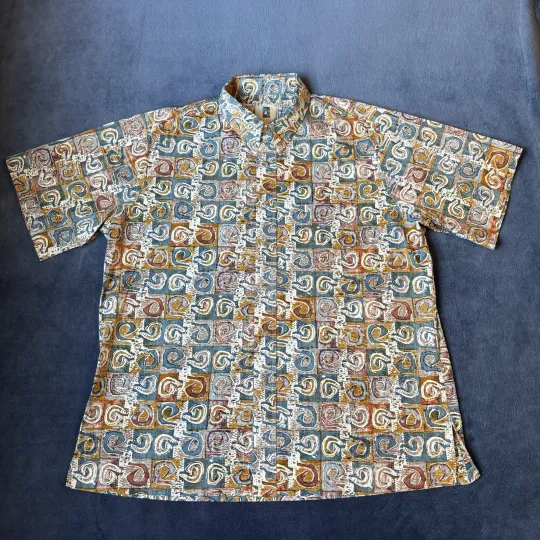 Discover Vtg 90s Kahala Geometric Reverse Print Men’s XL Hawaiian Shirt Gold Turquoise