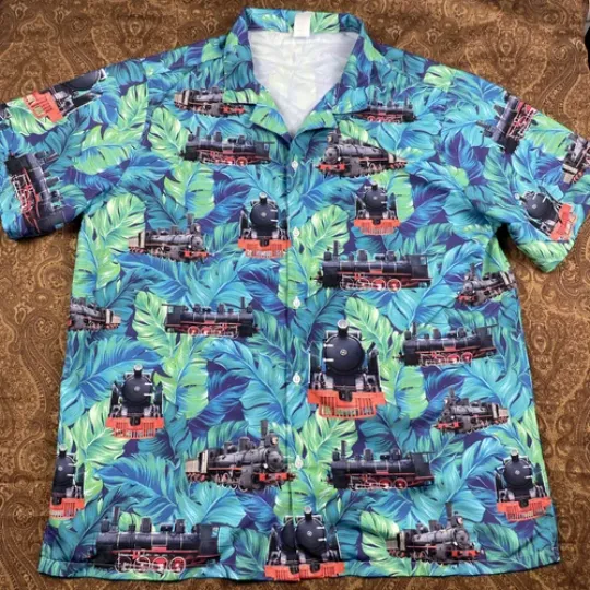 Hawaiian Shirt Mens L Locomotive Train AOP Floral Print Short Sleeve Button Up