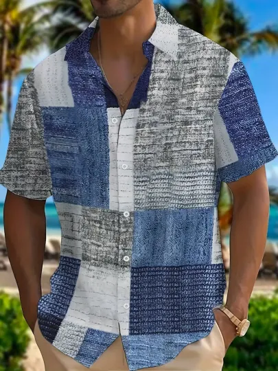 Men's Stylish Short-Sleeve Shirt Contrasting Color Patterned Print Street Style