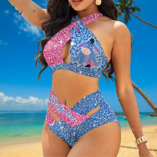 Eeyore Swimsuits for Her, Personalized Donkey One Piece Bathing Suit, Disney Cartoon Unique Beachwear Glitter, Summer Gifts for Women