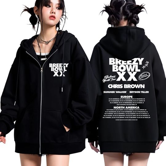 Rapper Chris Brown Zipper Hoodie Breezy Bowl XX 2025 Concert Double Sided Zip Hoodie