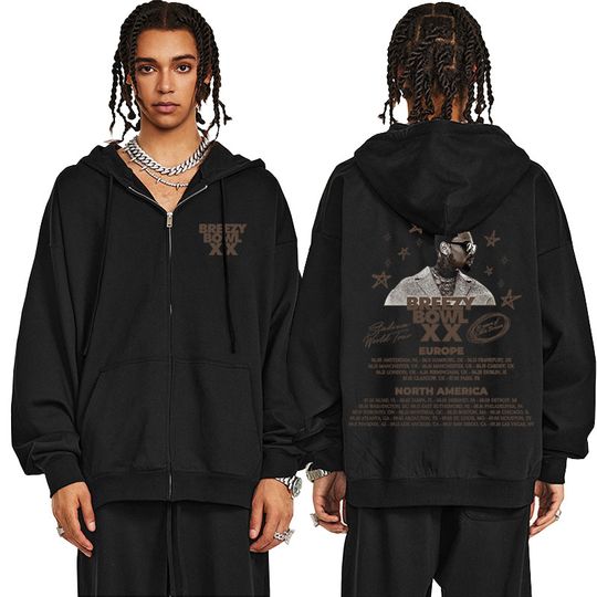 Rapper Chris Brown Breezy Bowl XX Tour 2025 Double Sided Zip Hoodie