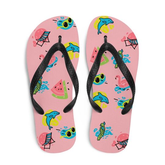 Summer Theme Flip Flops, Tropical Flip Flops, Women's Sandals, Beach Flip Flops, Pink Flip Flops, Sandals, Flip Flops, Thongs, Footwear