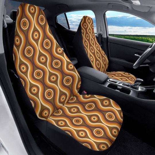 70s Retro Car Seat Covers (2 pcs), Brown Vintage Pattern Auto Front Seat Dog Pet Vehicle SUV Universal Protector Accessory Men Women